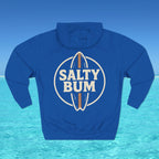 Blue hoodie with 'Salty Bum' logo on a blue water background