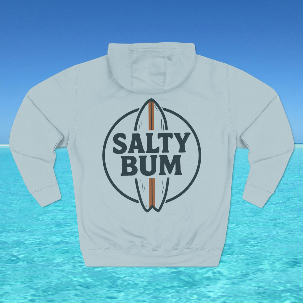 Light gray hoodie with 'Salty Bum' logo on a blue water background
