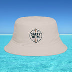 Beige bucket hat with 'Salty Bum' logo on a blue water and sky background
