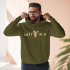 Man wearing a green hoodie with 'Salty Bum' text and graphic indoors.