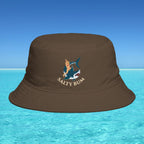 Brown bucket hat with 'Salty Bum' logo on a blue water and sky background