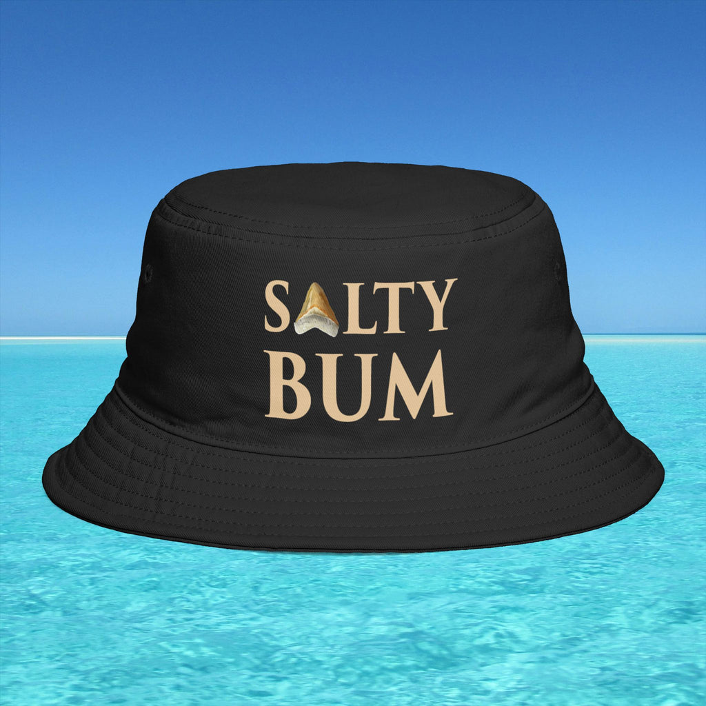 Black bucket hat with 'Salty Bum' text on a blue water and sky background