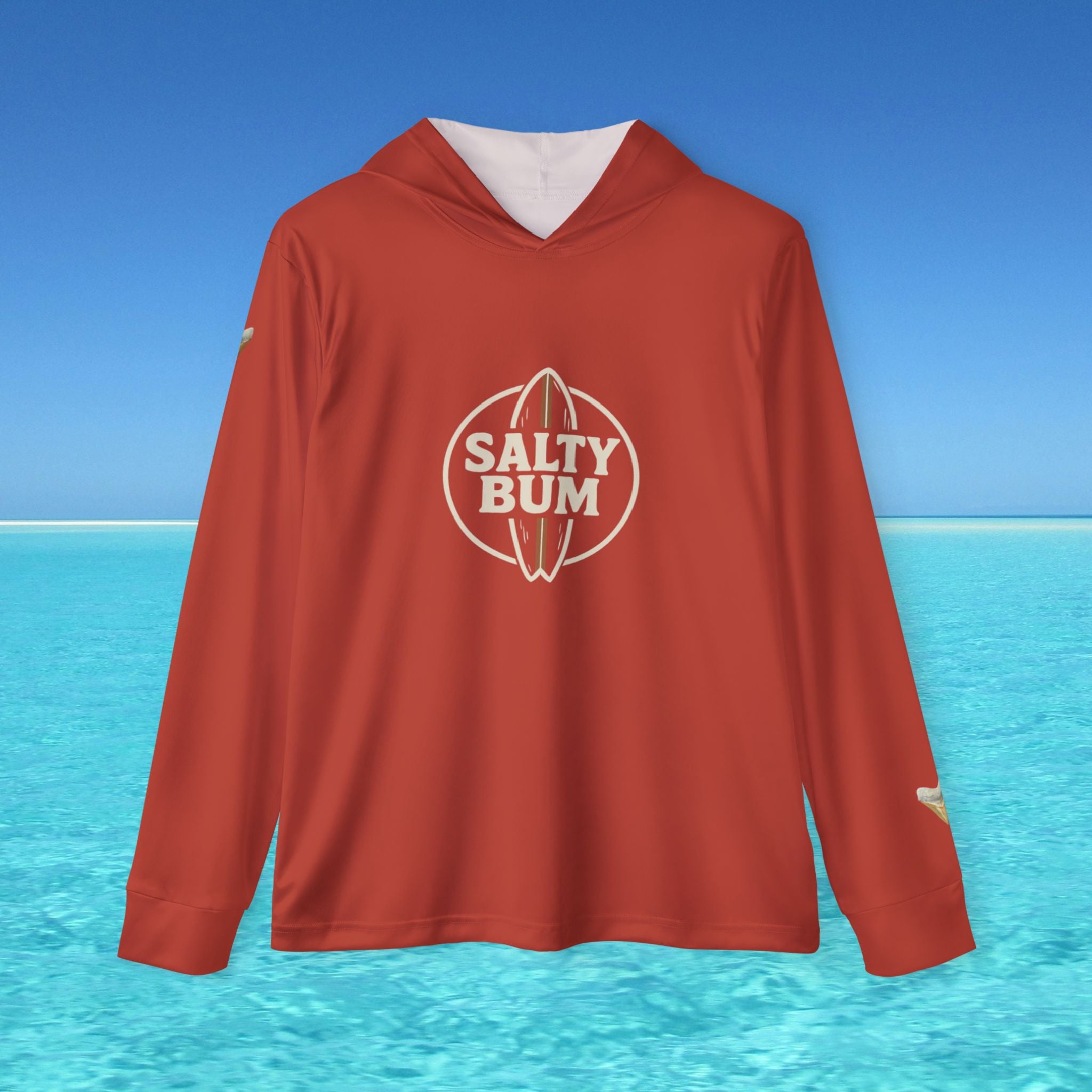 Red hoodie with 'Salty Bum' logo on a blue water and sky background