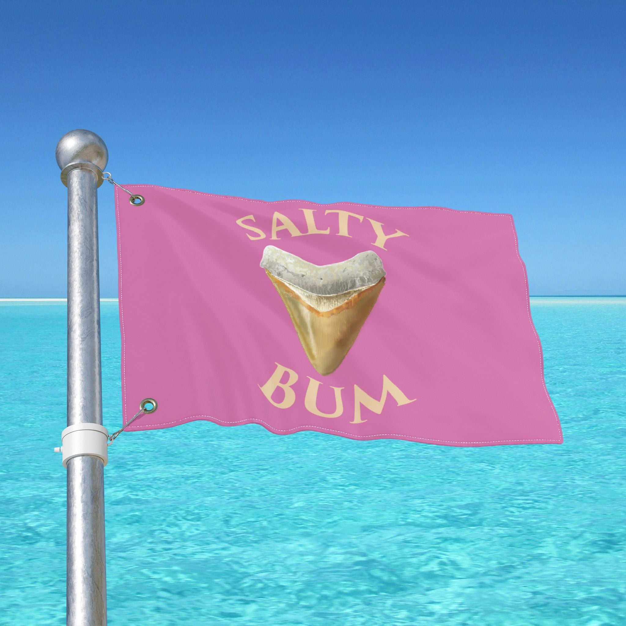 Pink flag with a gold tooth and 'Salty Bum' text against a blue sky and ocean background