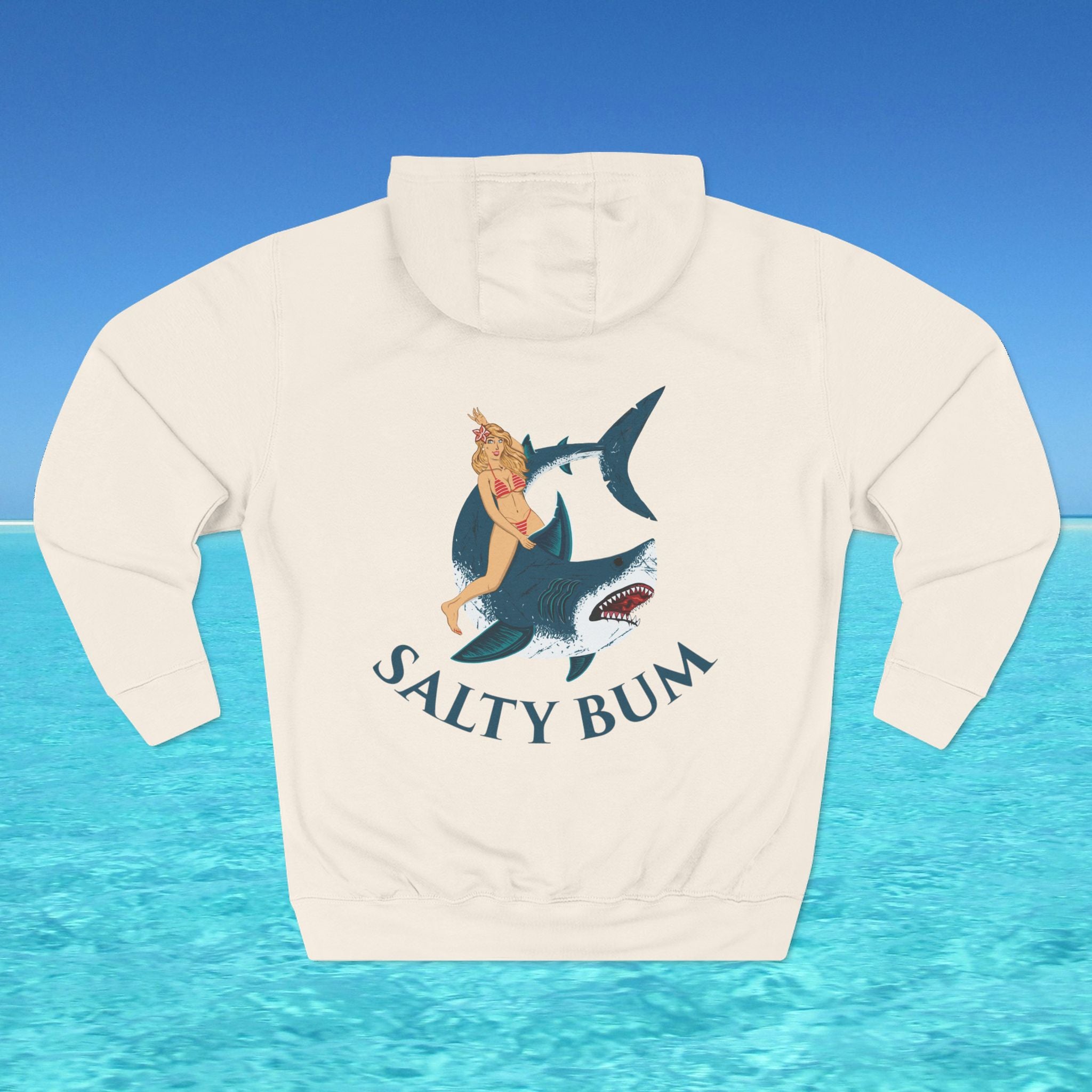 Beige hoodie with 'Salty Bum' graphic on a blue water background