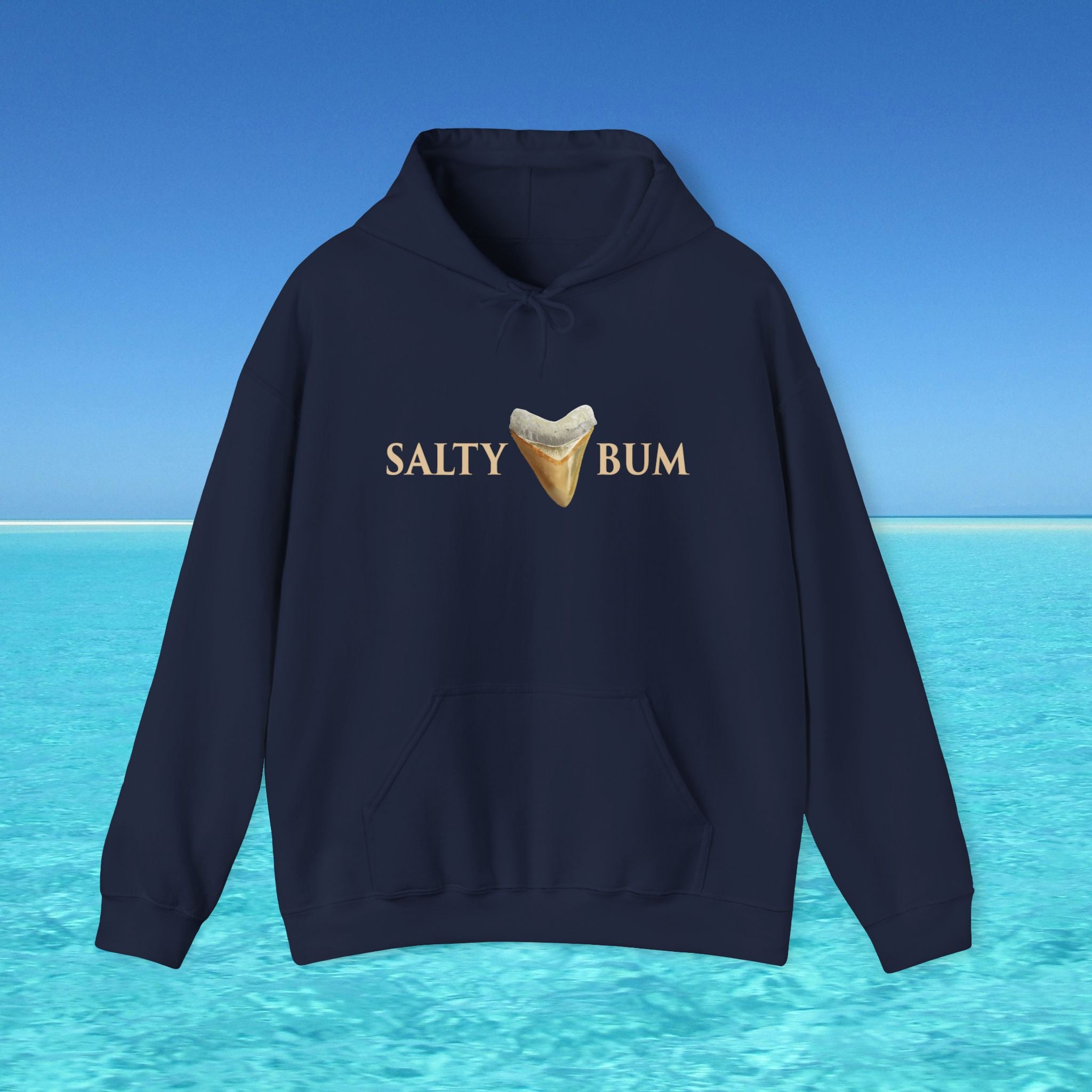 Navy blue hoodie with 'Salty Bum' text and ice cream graphic on a blue background