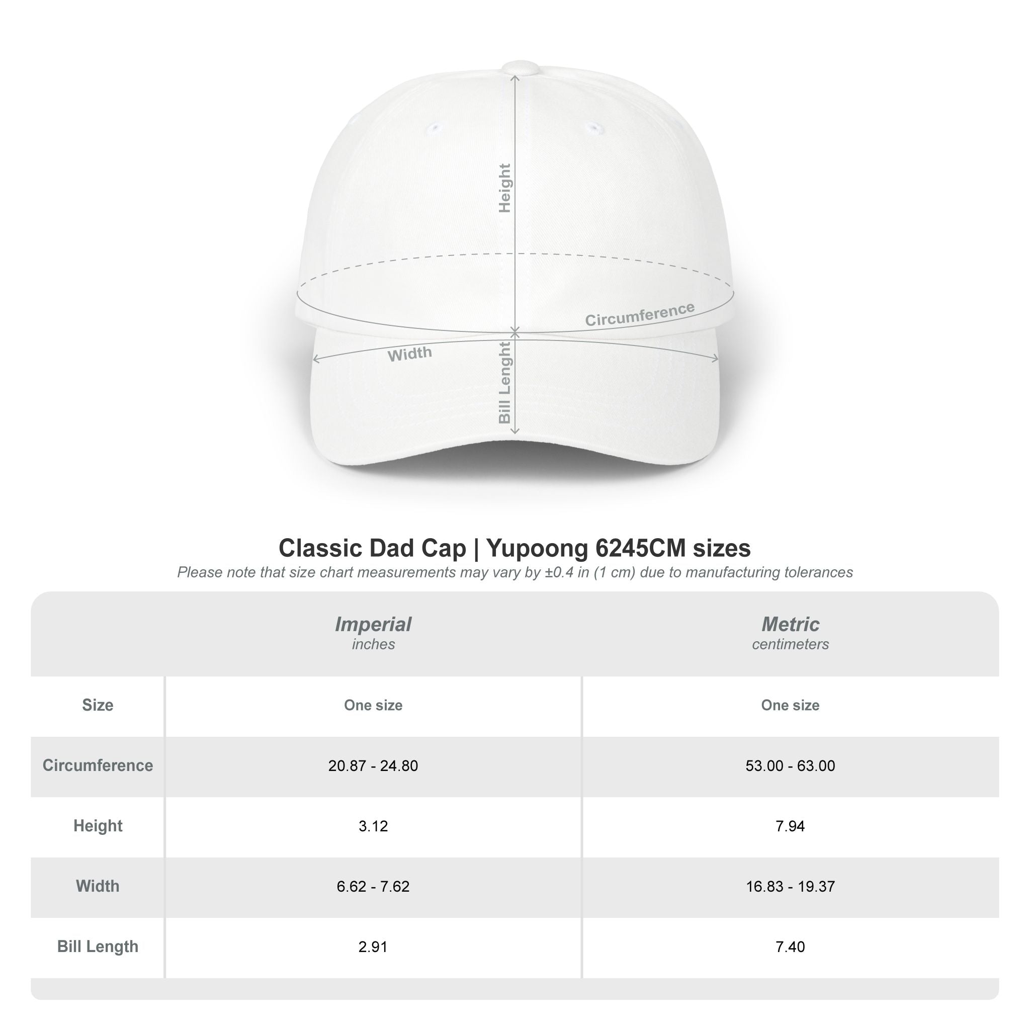 White cap with measurement chart on a white background