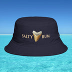 Navy bucket hat with 'Salty Bum' text and shark tooth graphic on a blue water background