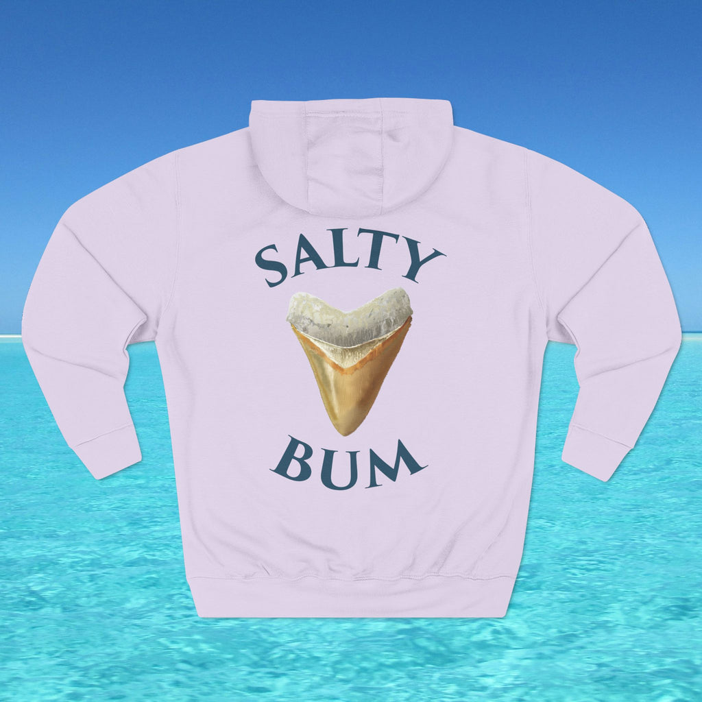 White hoodie with 'Salty Bum' text and ice cream graphic on a blue water background
