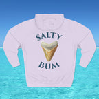 White hoodie with 'Salty Bum' text and ice cream graphic on a blue water background