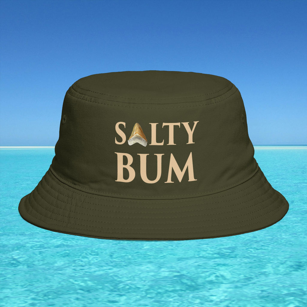Brown bucket hat with 'Salty Bum' text on a blue water and sky background