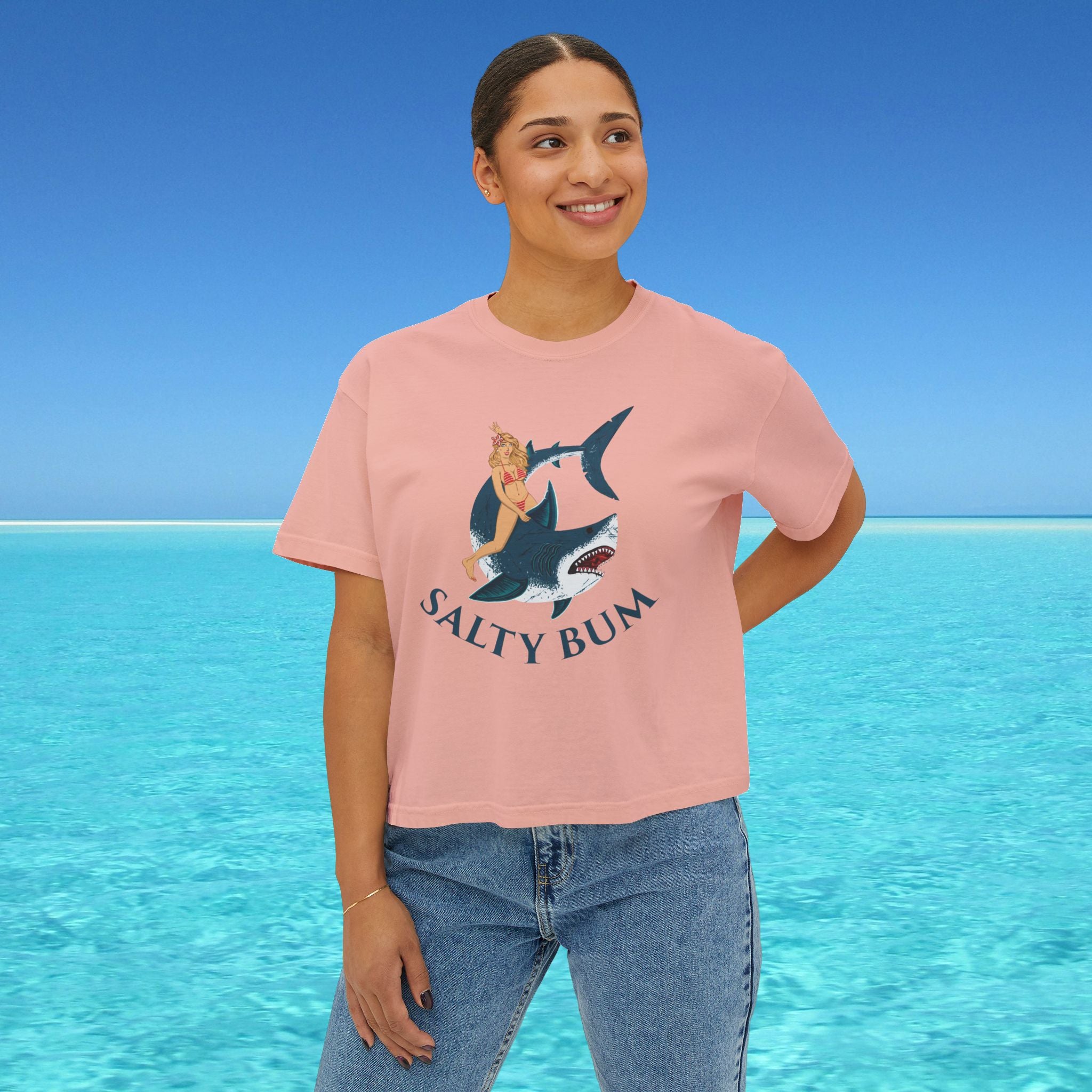 womans boxy tee salty bum shark on peach