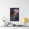 Colorful jellyfish painting on a wall above a table with decor items.