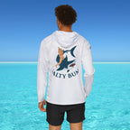 Person wearing a white hoodie with 'Salty Bun' logo in a beach setting