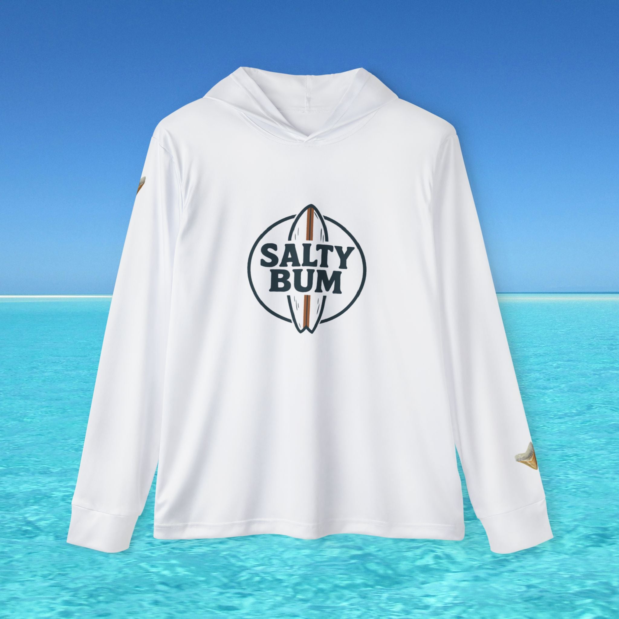 White long-sleeve shirt with 'Salty Bum' logo on a blue ocean background