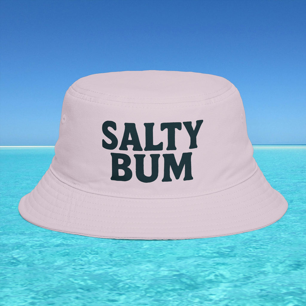 Pink bucket hat with 'Salty Bum' text on a clear blue water background