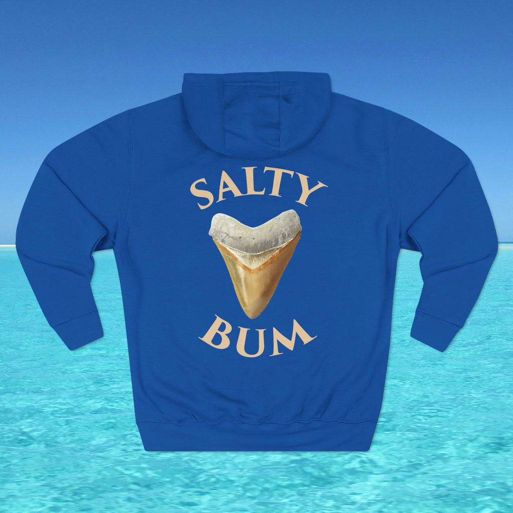 Blue hoodie with 'Salty Bum' graphic on a blue background