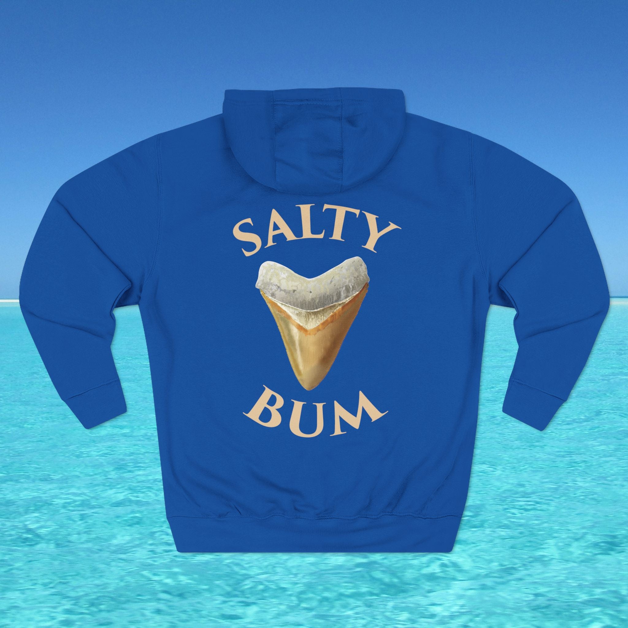 Blue hoodie with 'Salty Bum' graphic on a blue background