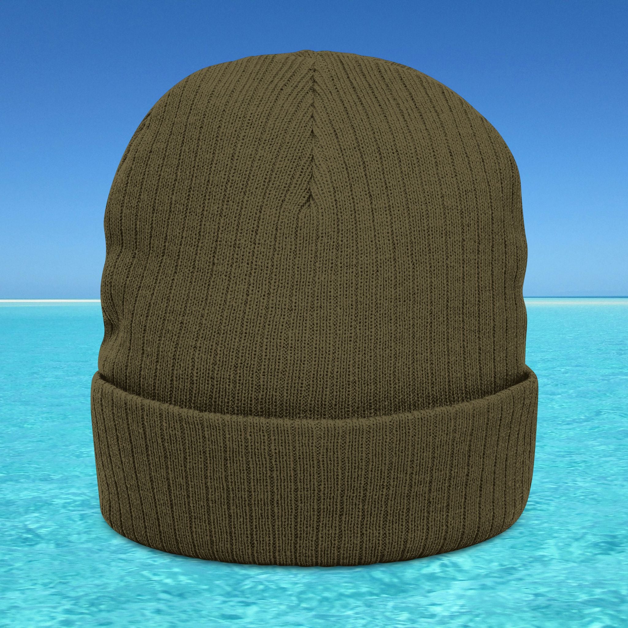 Brown knit beanie on a blue water and sky background