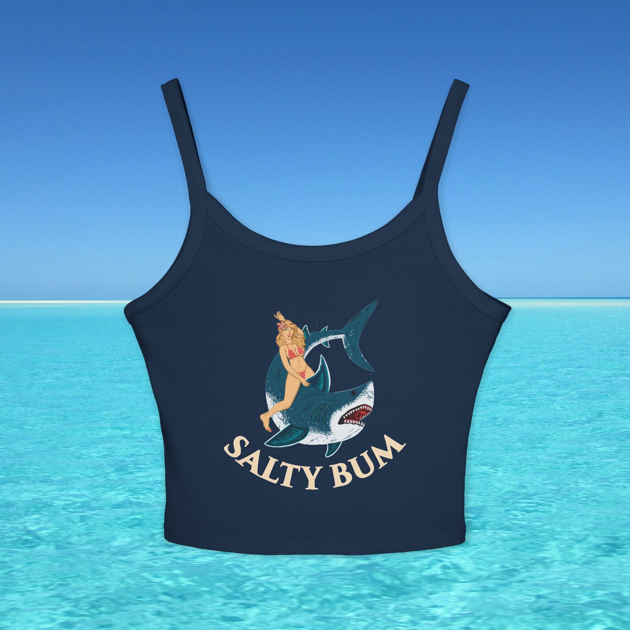 Navy blue tank top with 'Salty Bum' graphic on a blue water background