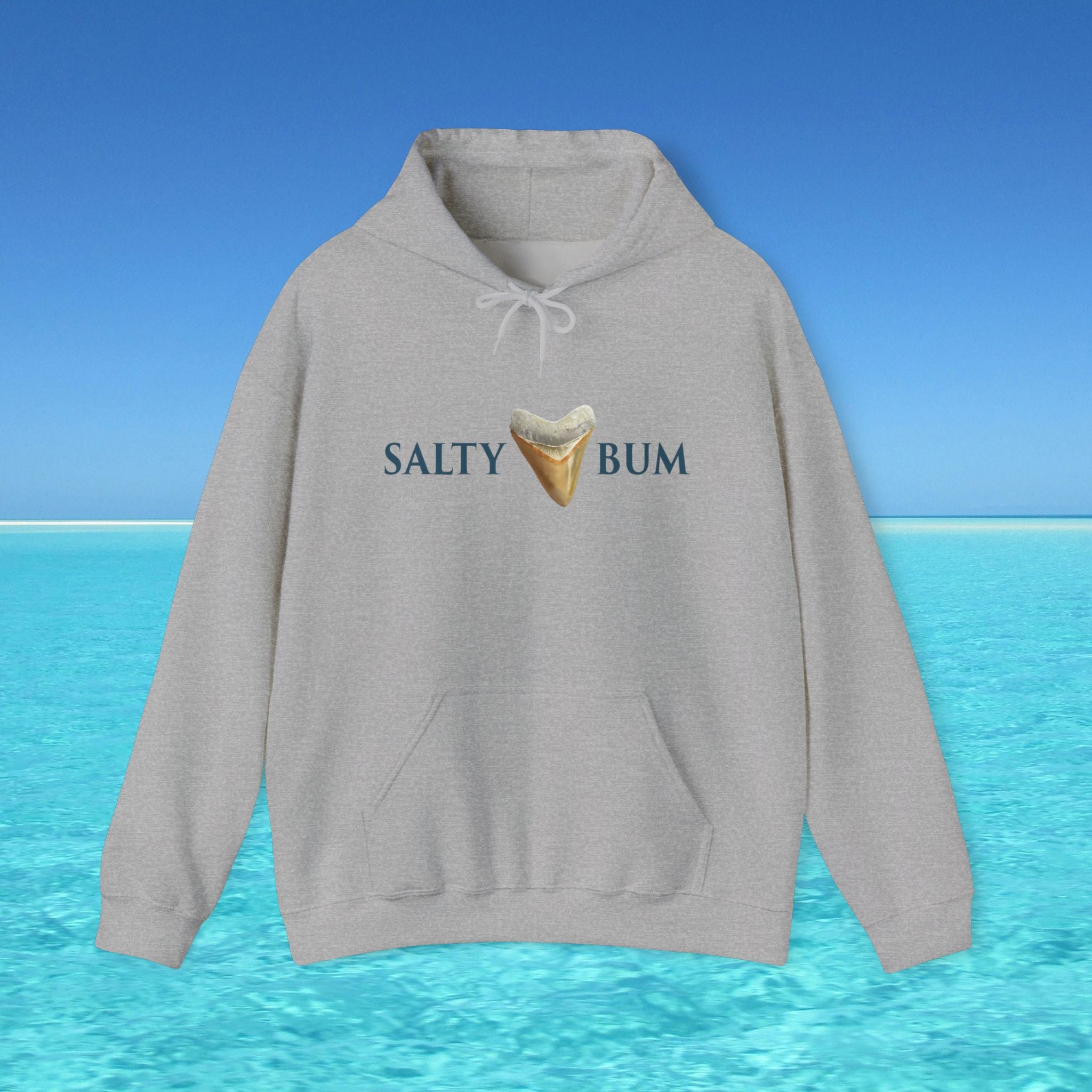 Gray hoodie with 'Salty Bum' text and logo on a blue ocean background
