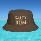 Brown bucket hat with 'Salty Bum' text on a blue water and sky background
