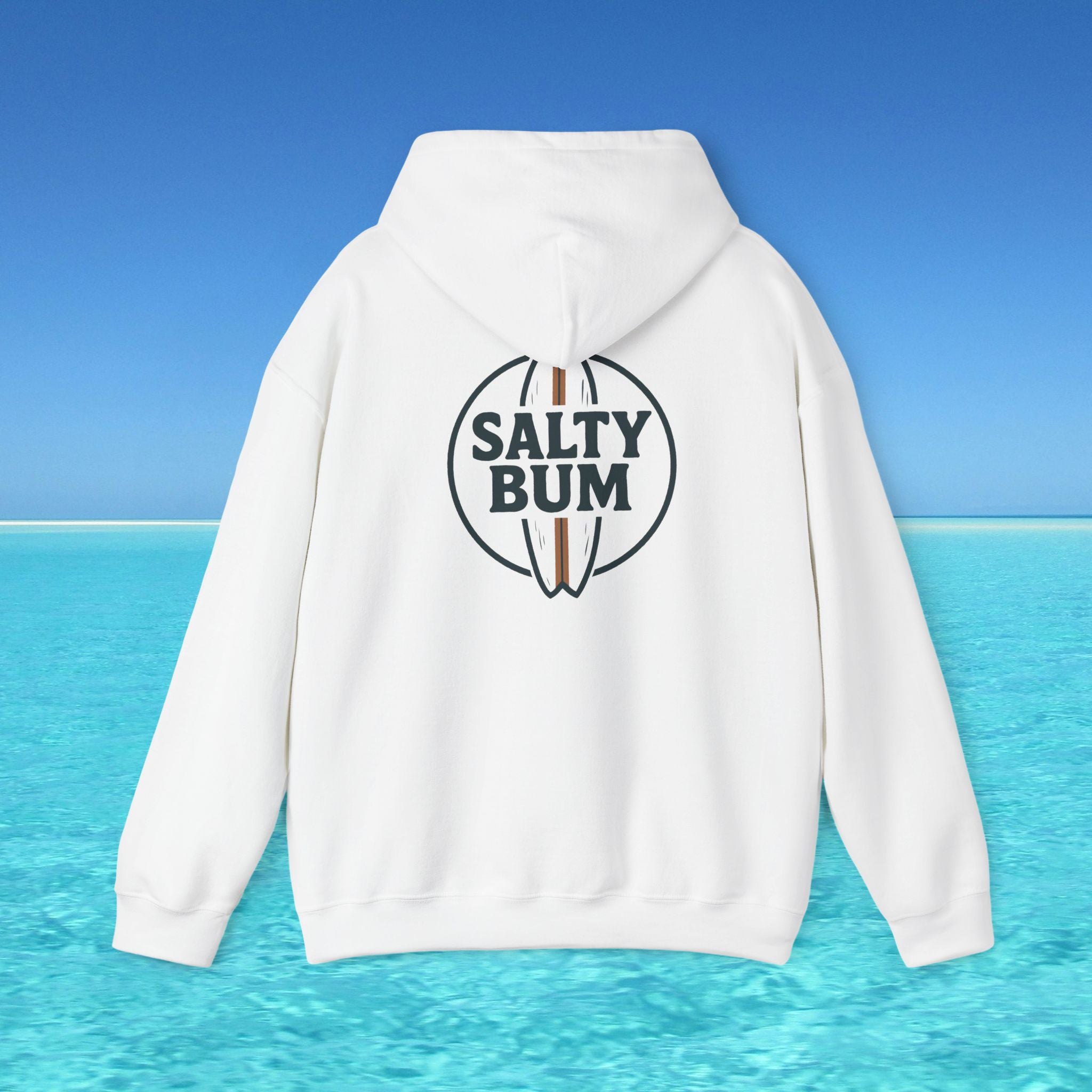 White hoodie with 'Salty Bum' logo on a beach background