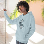 Person wearing a light blue hoodie with 'Salty Bum' logo, standing against a neutral background.