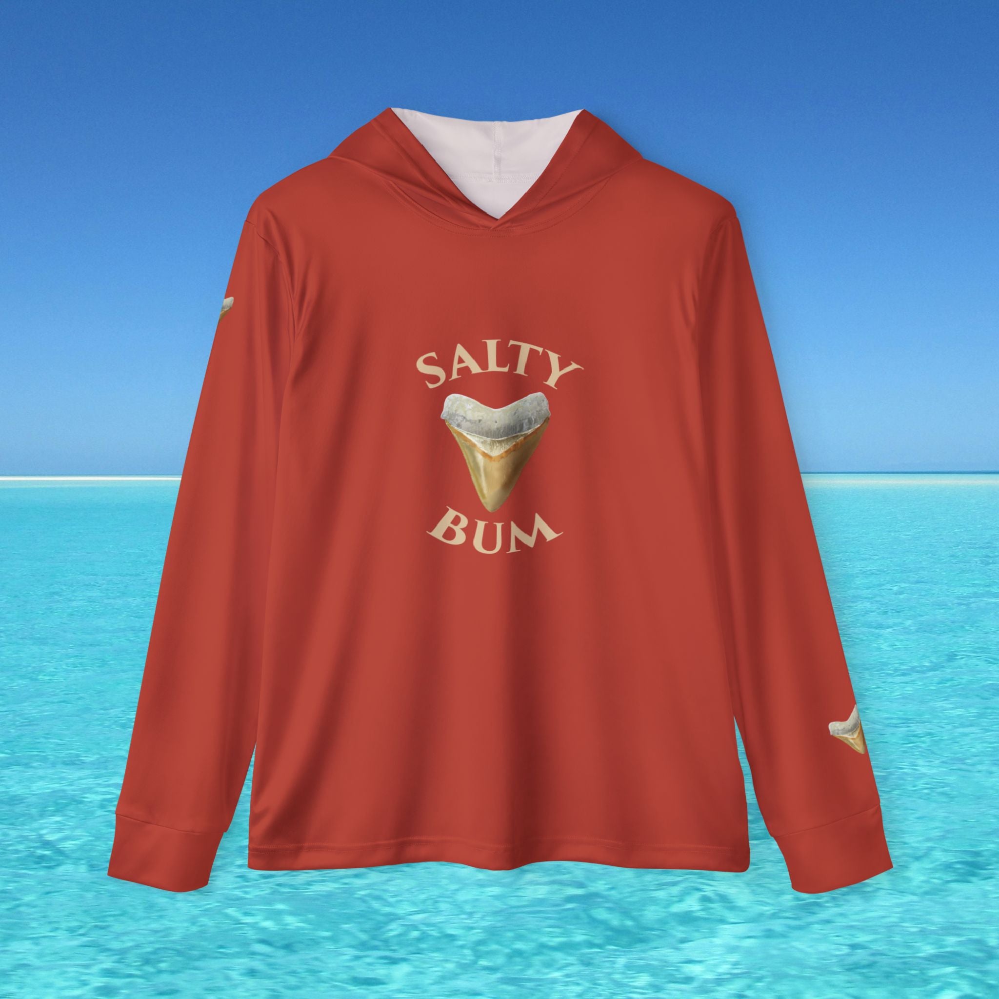 Red hoodie with 'Salty Bum' text and graphic on a blue water and sky background