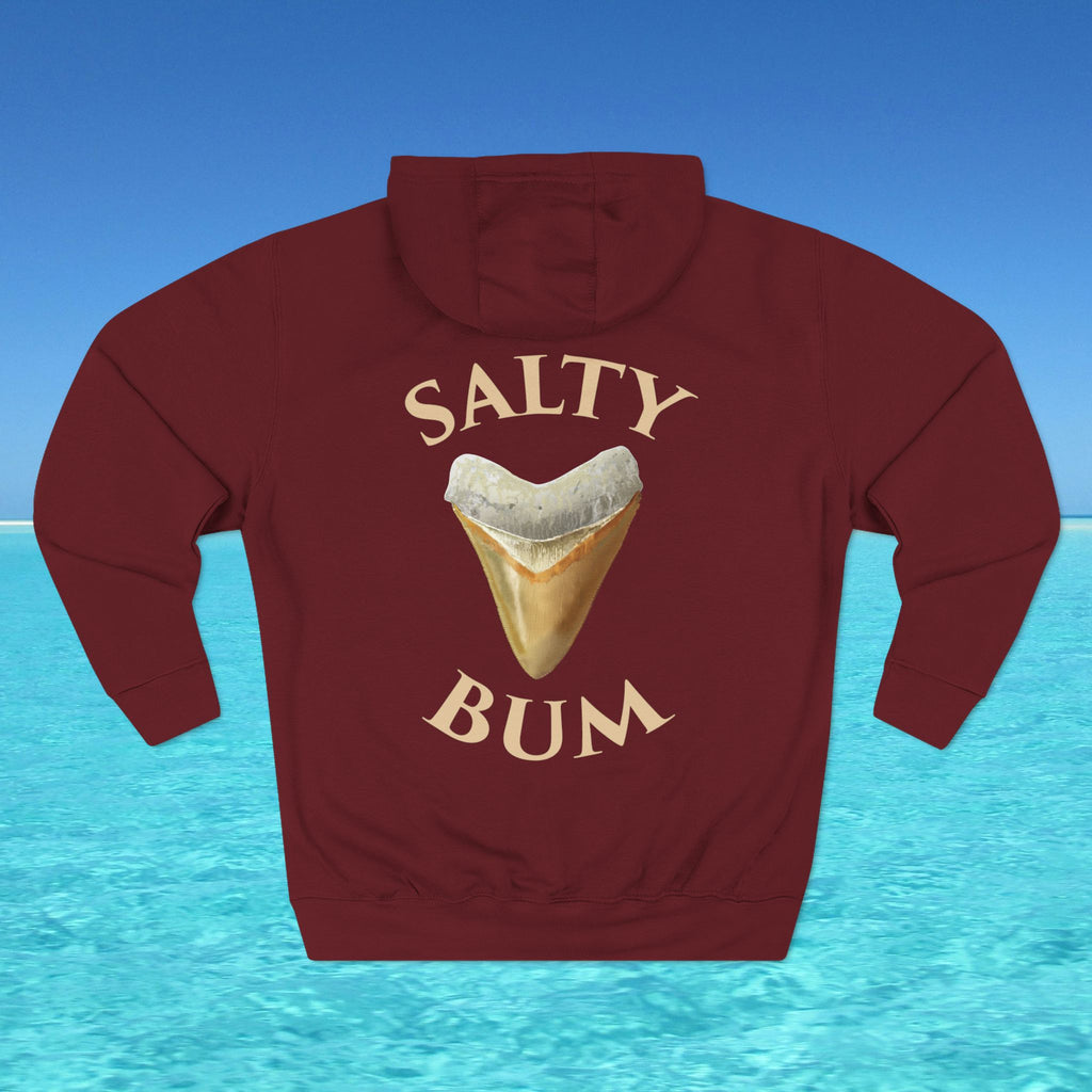 Maroon hoodie with 'Salty Bum' text and ice cream cone graphic on a blue water background