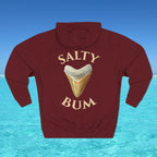 Maroon hoodie with 'Salty Bum' text and ice cream cone graphic on a blue water background