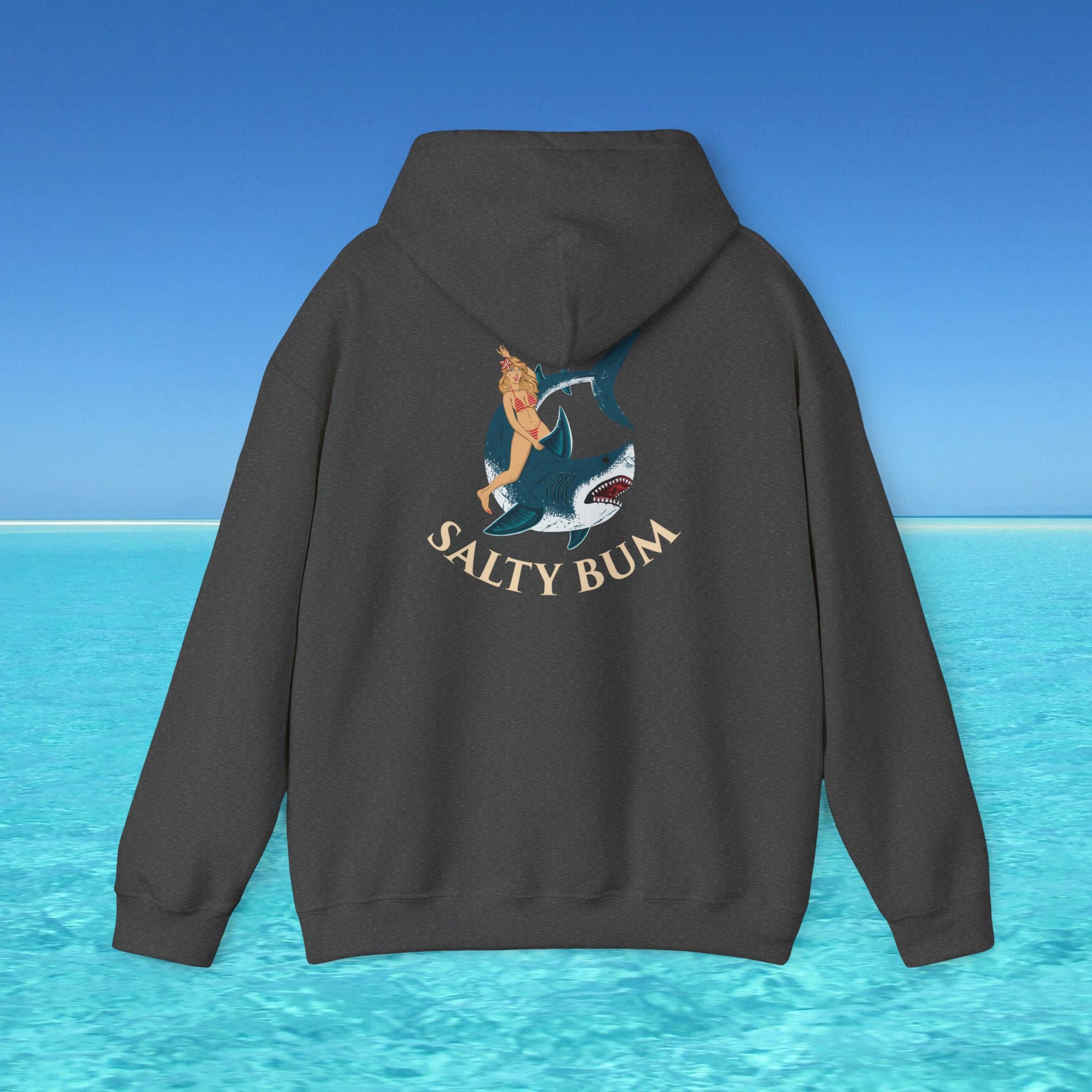 Dark gray hoodie with 'Salty Bum' graphic on a blue water and sky background