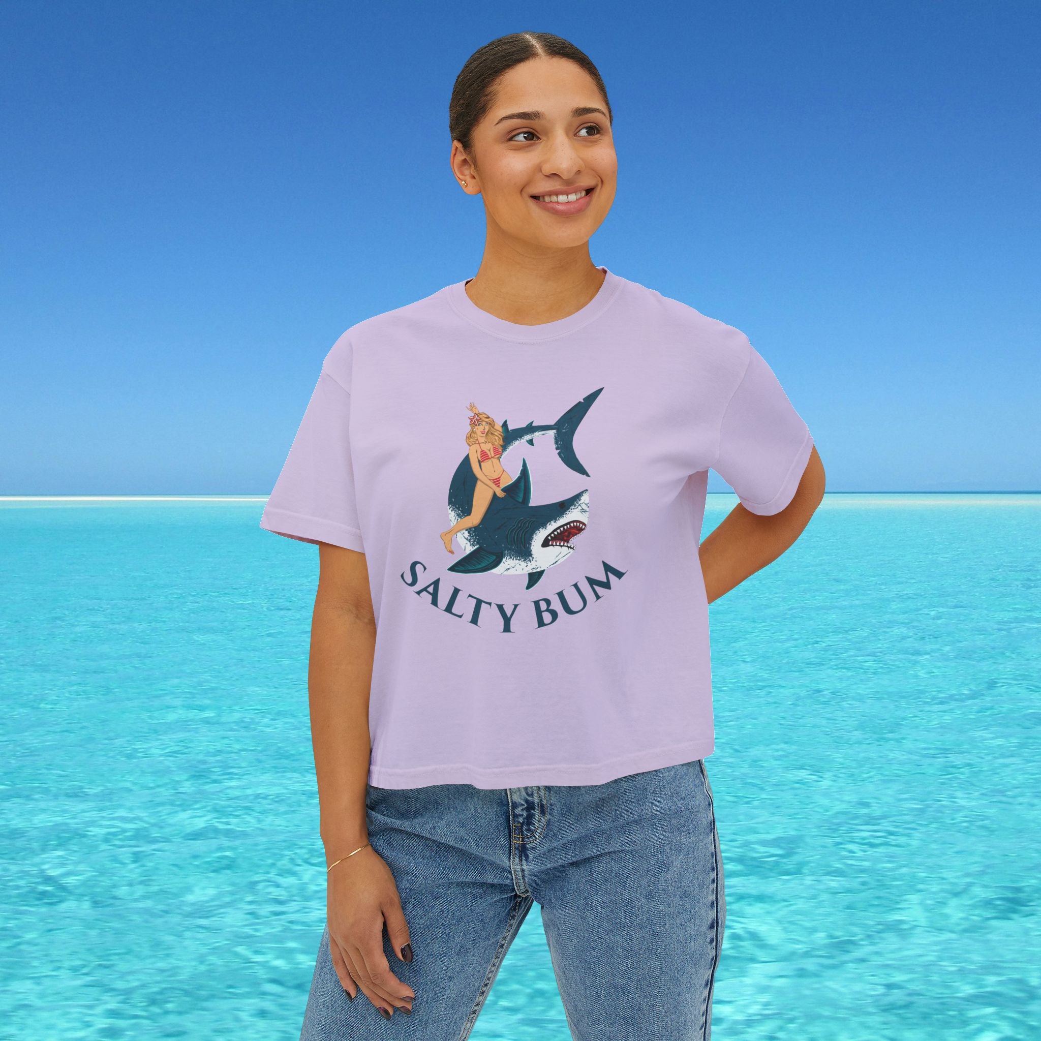 womans boxy tee salty bum shark on purple