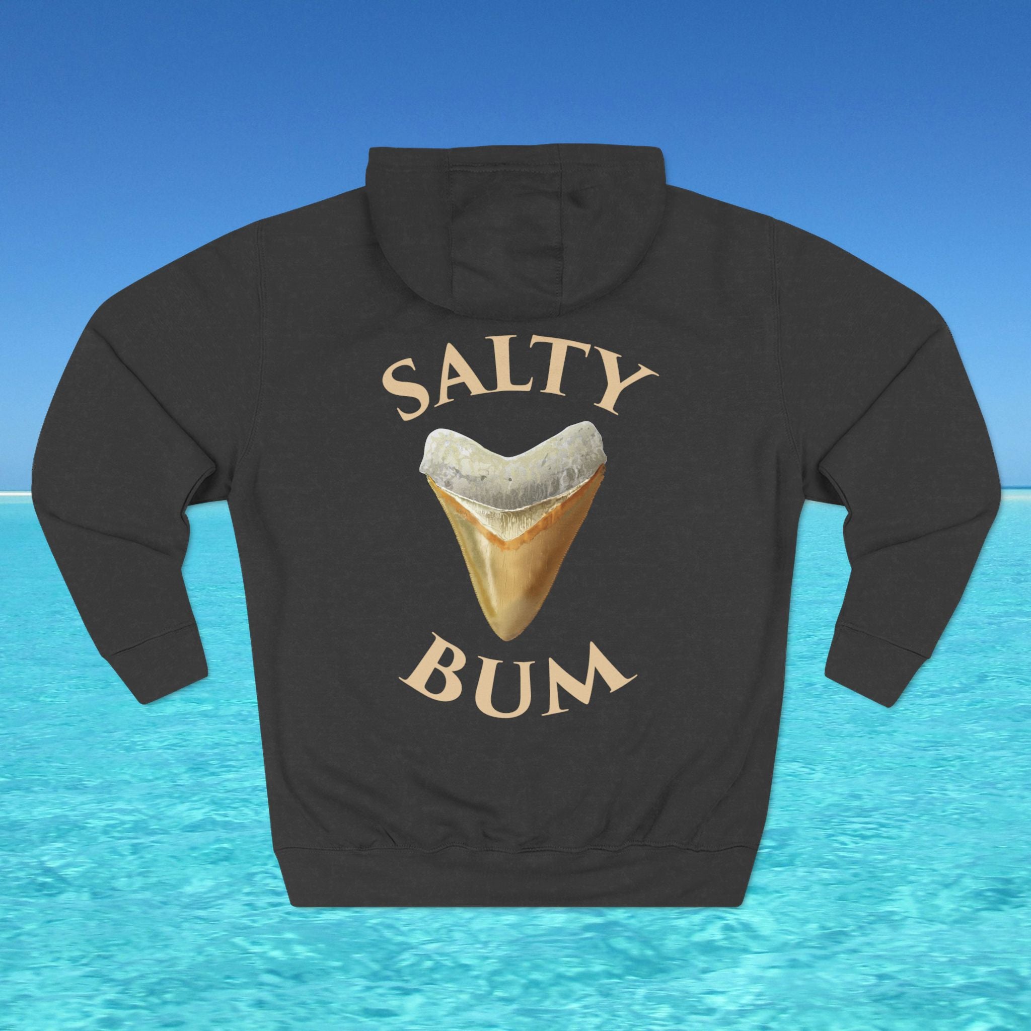 Black hoodie with 'Salty Bum' graphic on a blue water background