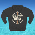 Black hoodie with 'Salty Bum' logo on a blue water background
