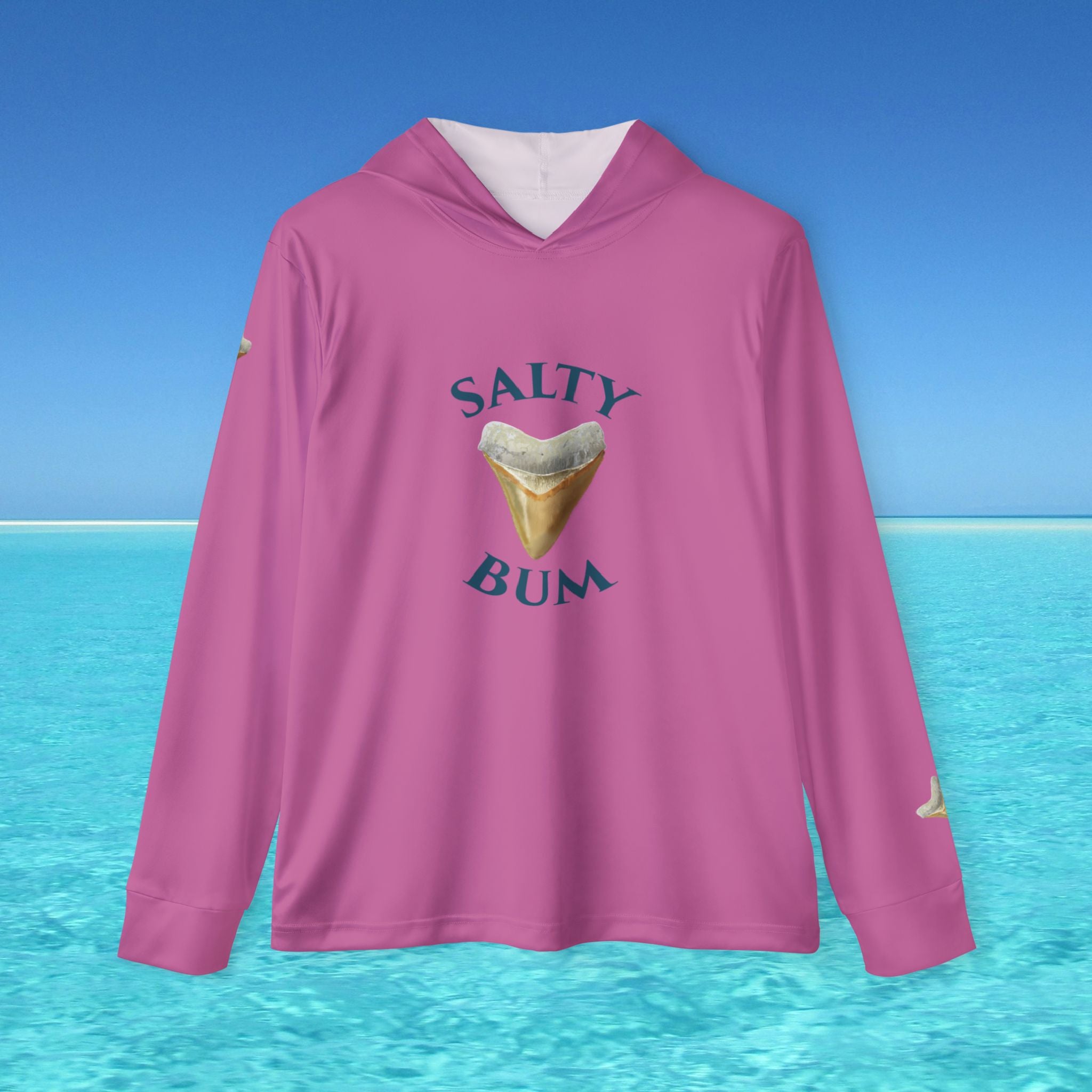 Pink hoodie with 'Salty Bum' text and ice cream graphic on a beach background