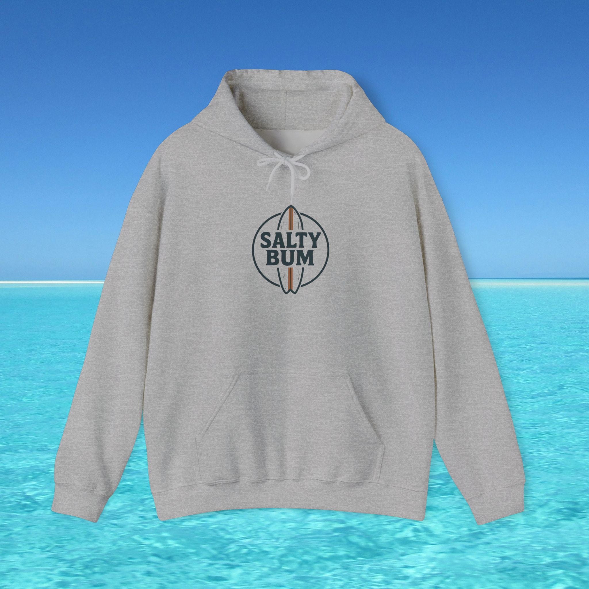 Gray hoodie with 'Salty Bum' logo on a blue water and sky background