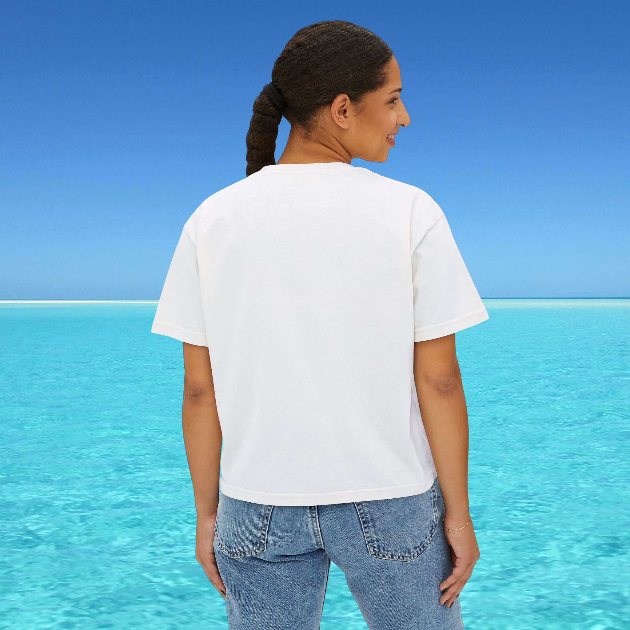 back of womans boxy tee white