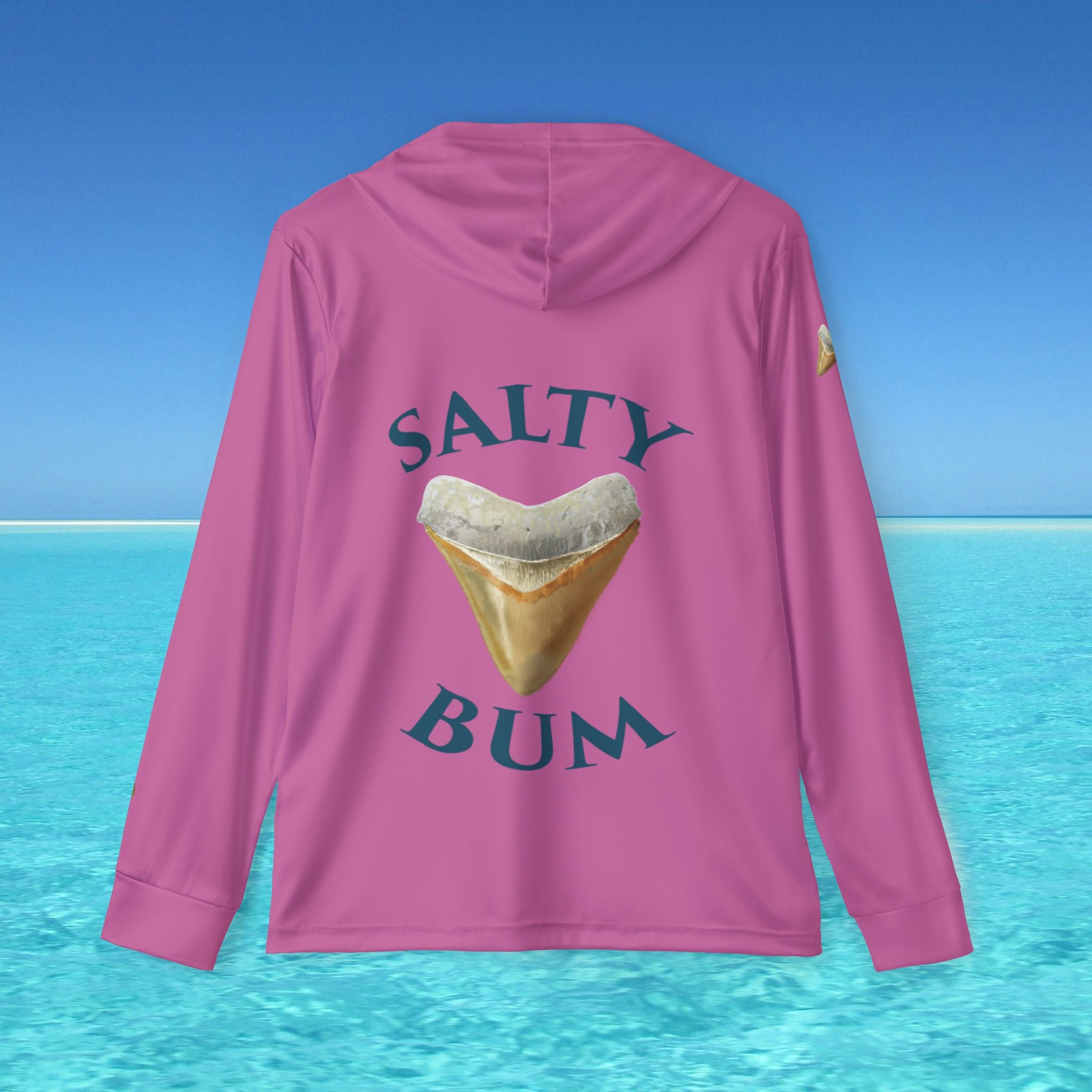 Pink hoodie with 'Salty Bum' text and graphic on a beach background