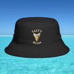 Black bucket hat with 'Salty Bum' text and ice cream graphic on a blue water background