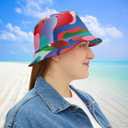 Person wearing a colorful bucket hat on a beach with blue sky and ocean.