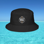 Black bucket hat with 'Salty Bum' logo on a blue water background
