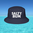 Navy bucket hat with 'Salty Bum' text on a clear blue water background
