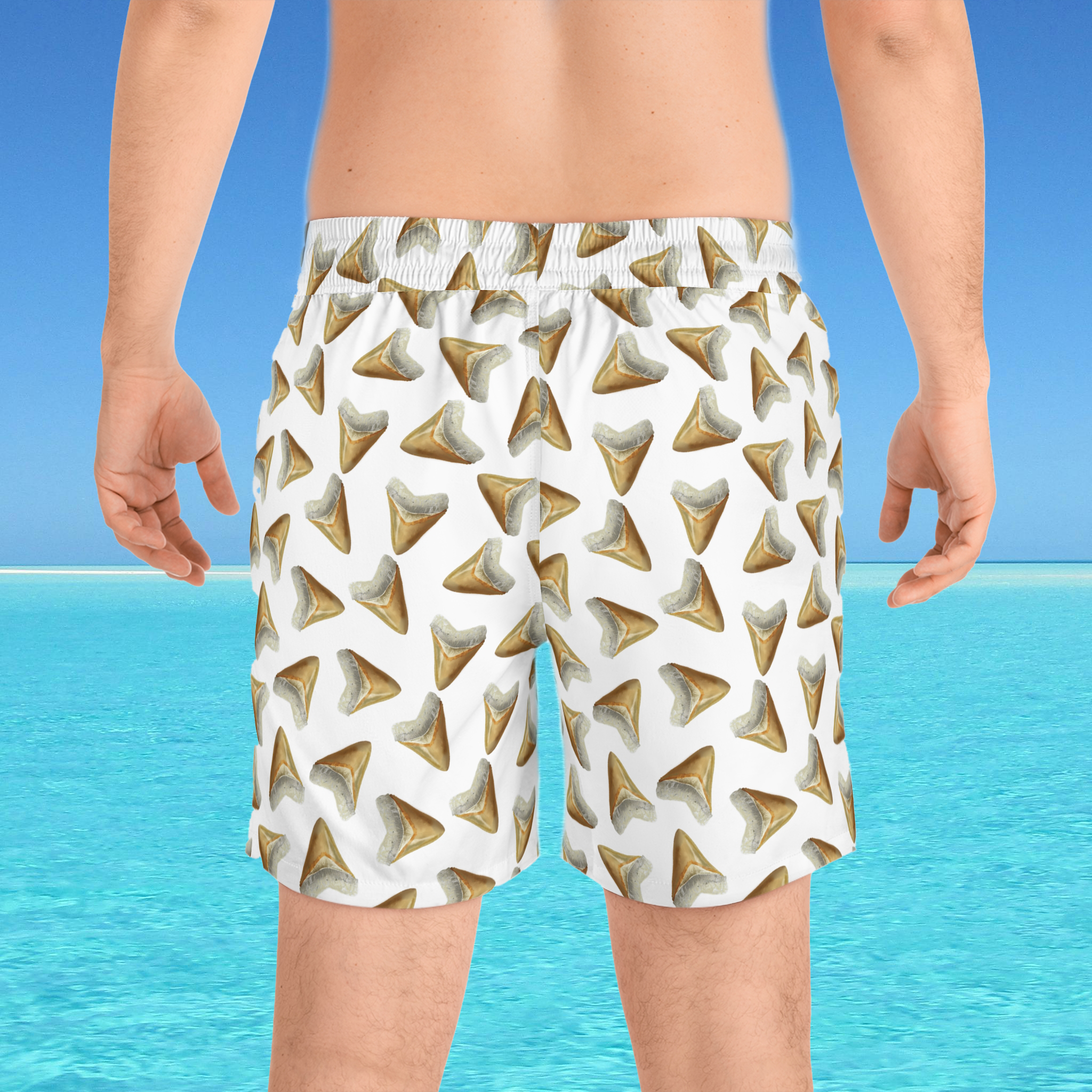 white shark pattern swim shorts back