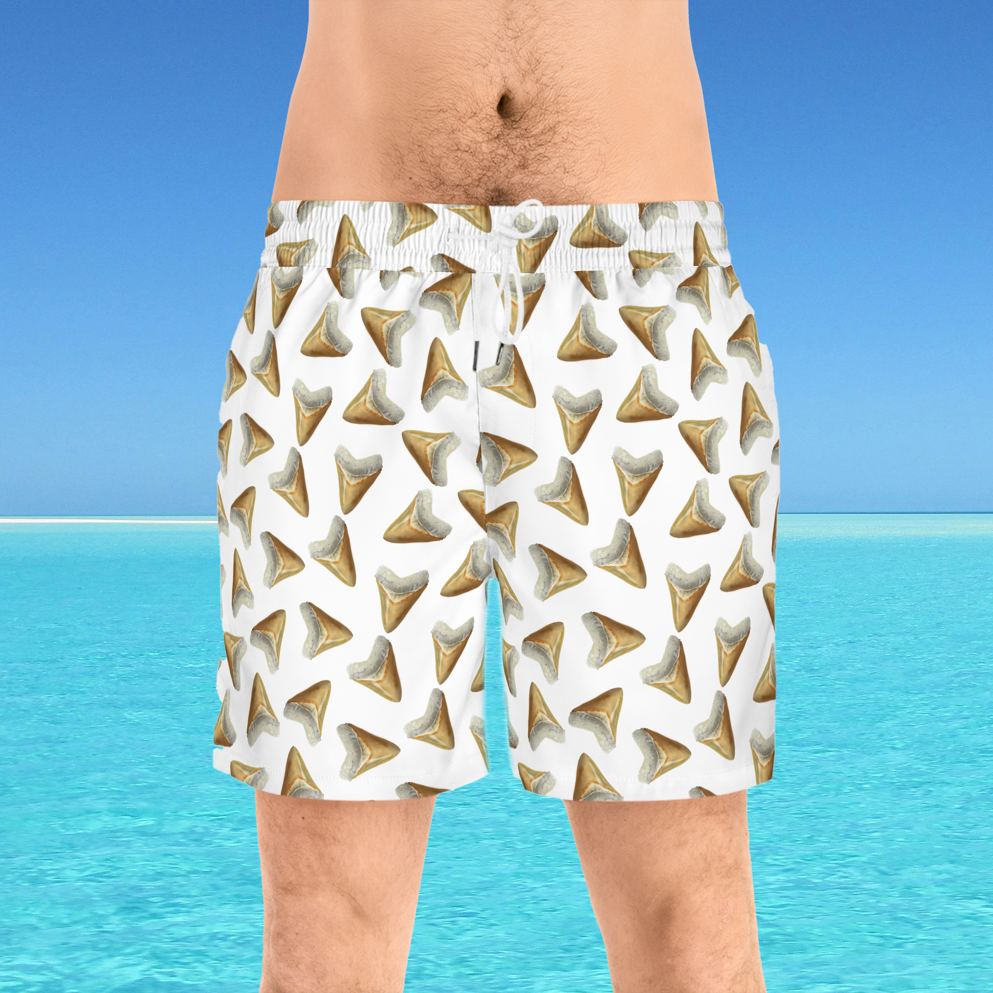 white shark pattern swim shorts