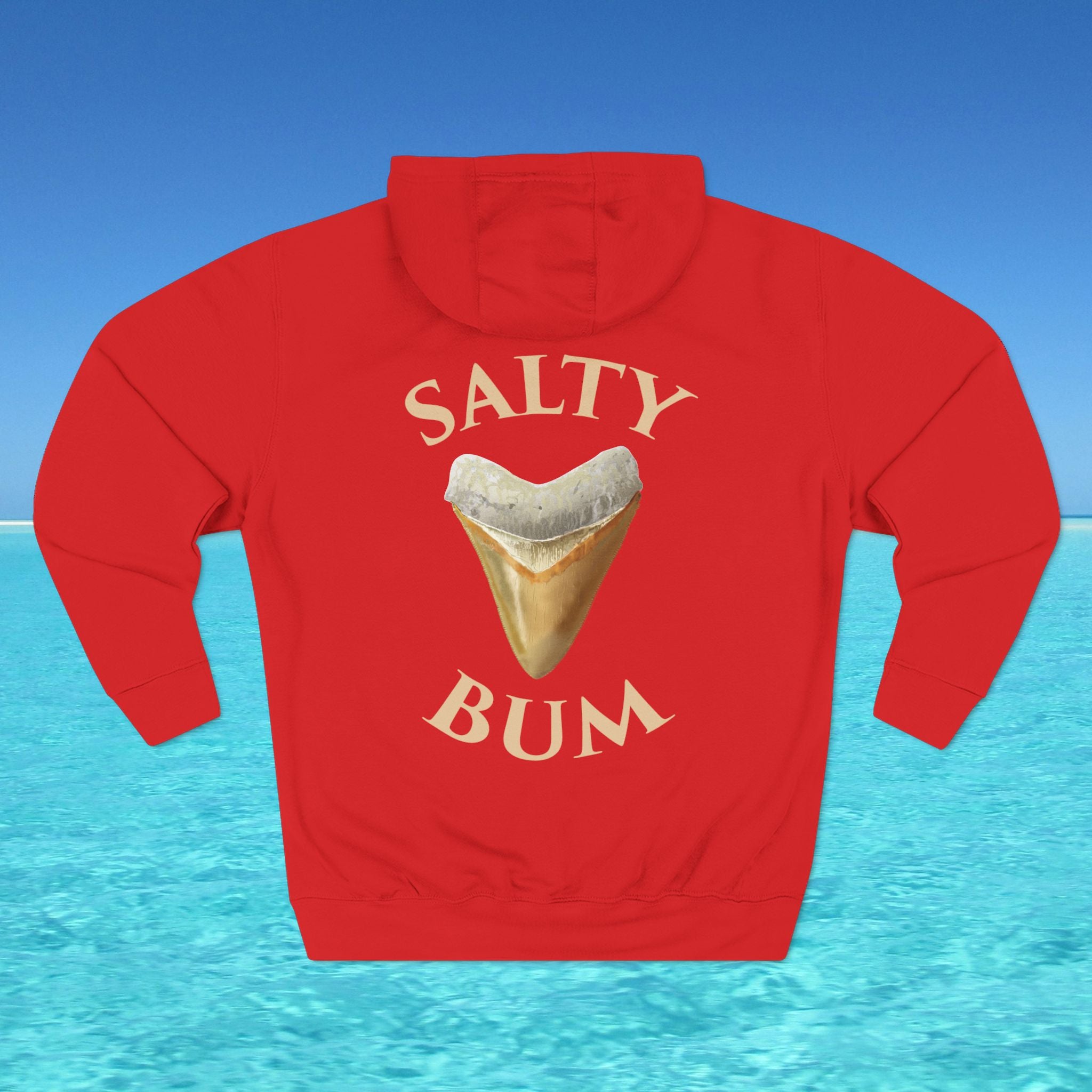 Red hoodie with 'Salty Bum' graphic on a beach background
