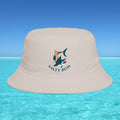 Beige bucket hat with 'Salty Bum' logo on a blue water and sky background