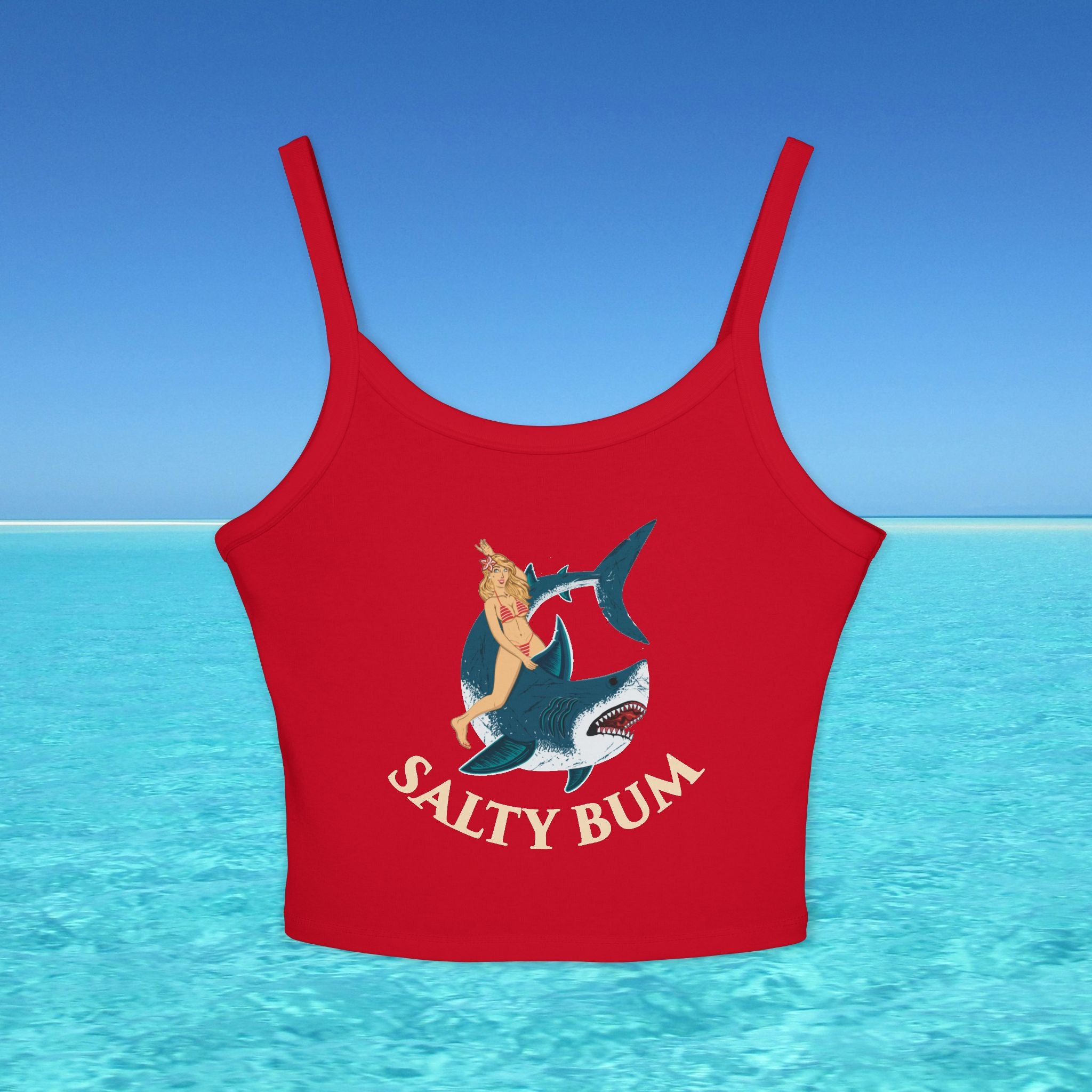 Red tank top with 'Salty Bum' graphic on a blue water and sky background