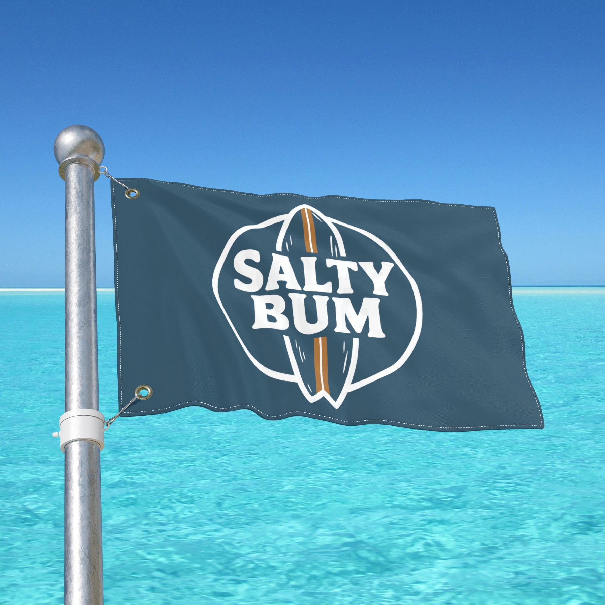Flag with 'Salty Bum' logo on a pole against a clear blue sky.
