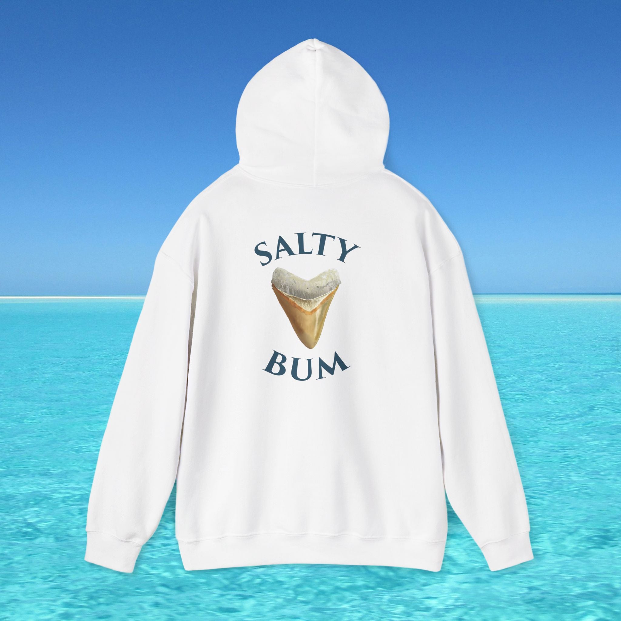 White hoodie with 'Salty Bum' text and ice cream graphic on a blue water and sky background